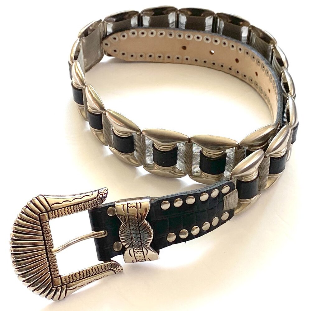 Vintage Black Leather, Silver Metal and Mesh Belt - Goth, Punk, Emo